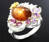 Серебряное кольцо с солнечным камнем с эффектом кошачьего глаза, аметистами, родолитами и цитрином