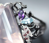 Серебряное кольцо с розовым кварцем 24+ карата, аметистами, голубыми топазами и гранатами Серебро 925
