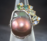 Серебряное кольцо с цветной жемчужиной барокко, разноцветными турмалинами и голубыми сапфирами Серебро 925