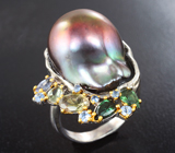 Серебряное кольцо с цветной жемчужиной барокко, разноцветными турмалинами и голубыми сапфирами Серебро 925