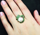 Серебряное кольцо с жемчужиной 5,22 карата, цаворитами и розовыми сапфирами Серебро 925