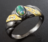 Серебряное кольцо с кристаллическим черным опалом и голубым топазом Серебро 925