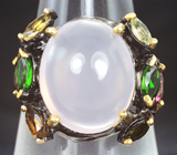 Серебряное кольцо с розовым кварцем, диопсидами, розовыми и желтыми турмалинами Серебро 925