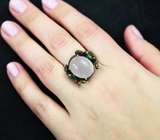 Серебряное кольцо с розовым кварцем, диопсидами, розовыми и желтыми турмалинами