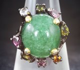 Серебряное кольцо с авантюрином, зелеными турмалинами, родолитами, бесцветным кварцем и цитрином