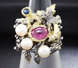 Серебряное кольцо с розовым и синим сапфирами, жемчугом Серебро 925