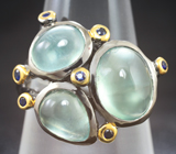 Серебряное кольцо с пренитом 8,16 карата и синими сапфирами
