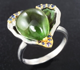 Серебряное кольцо с зеленым турмалином и синими сапфирами Серебро 925