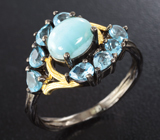 Черненое серебряное кольцо с ларимаром и голубыми топазами Серебро 925