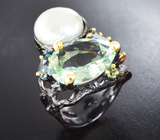 Серебряное кольцо с зеленым аметистом, жемчужиной, голубыми топазами, цитрином и перидотами