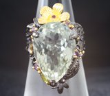 Серебряное кольцо с празиолитом, перидотом, родолитом, цитрином, пурпурно-розовым турмалином и аметистами