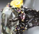Серебряное кольцо с празиолитом, перидотом, родолитом, цитрином, пурпурно-розовым турмалином и аметистами