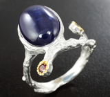 Серебряное кольцо с синим сапфиром и родолитами Серебро 925