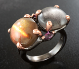 Серебряное кольцо с солнечным камнем со звездой и эффектом кошачьего глаза, и родолитами