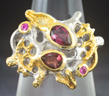 Серебряное кольцо с родолитами гранатами и пурпурными турмалинами
