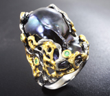 Серебряное кольцо с цветной жемчужиной барокко 44,41 карата и цаворитами гранатами Серебро 925