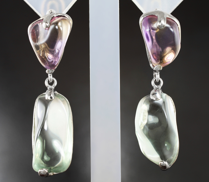 Серебряные серьги с празиолитами и аметистами 53,95 карата