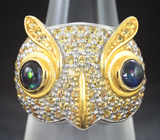 Серебряное кольцо «Сова» с кристаллическими черными опалами и желтыми сапфирами Серебро 925