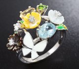 Симпатичное серебряное кольцо с голубым топазом, цитрином, диопсидом и цветной эмалью