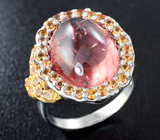 Серебряное кольцо с розовым турмалином 11,32 карата и сапфирами Серебро 925