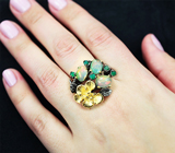 Серебряное кольцо с кристаллическими эфиопскими опалами и хризопразом Серебро 925