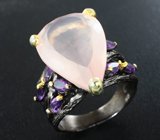 Серебряное кольцо с розовым кварцем и аметистами Серебро 925
