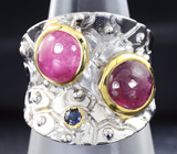 Серебряное кольцо с пурпурными и синим сапфирами Серебро 925