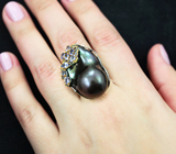 Серебряное кольцо с цветной жемчужиной барокко 47,6 карата, танзанитами и синими сапфирами Серебро 925