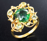 Золотое кольцо с "неоновым" полихромным турмалином 3,71 карата, сапфирами и бриллиантами