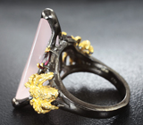 Серебряное кольцо с розовым кварцем 25+ карат и родолитами