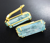 Золотые серьги с крупными швензами с яркими кристаллами забайкальских аквамаринов 25,15 карата Золото