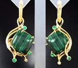Золотые крупные серьги с насыщенным уральским малахитом 35,55 карата, изумрудами и бриллиантами Золото