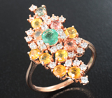 Праздничное серебряное кольцо с изумрудом и разноцветными сапфирами Серебро 925