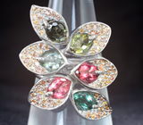 Эффектное серебряное кольцо с разноцветными турмалинами и сапфирами Серебро 925