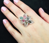 Эффектное серебряное кольцо с разноцветными турмалинами и сапфирами Серебро 925