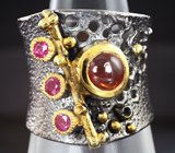 Серебряное кольцо cо спессартином и рубинами