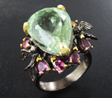 Серебряное кольцо с зеленым аметистом и родолитами