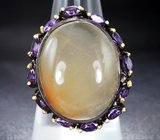 Серебряное кольцо с рутиловым кварцем, аметистами и родолитами