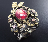 Серебряное кольцо cо звездчатым рубином и розовыми сапфирами Серебро 925