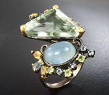 Серебряное кольцо с зеленым аметистом 22+ карата, аквамарином, голубыми топазами и перидотами Серебро 925