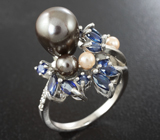 Великолепное серебряное кольцо с цветным жемчугом и синими сапфирами Серебро 925