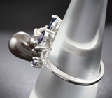 Великолепное серебряное кольцо с цветным жемчугом и синими сапфирами Серебро 925