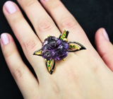 Серебряное кольцо с резным аметистом и диопсидами Серебро 925