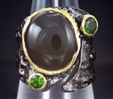 Серебряное кольцо с черной шпинелью и диопсидами