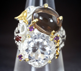 Серебряное кольцо с бесцветным и дымчатым кварцем, аметистами и гранатом Серебро 925