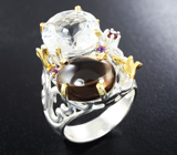 Серебряное кольцо с бесцветным и дымчатым кварцем, аметистами и гранатом Серебро 925