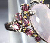 Серебряное кольцо с розовым кварцем 16+ карат, родолитами и аметистами Серебро 925