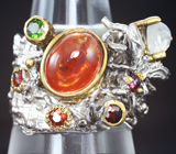 Серебряное кольцо с лунным камнем и гранатами Серебро 925