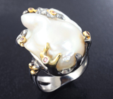 Серебряное кольцо с жемчужиной барокко 27,98 карата и сапфирами Серебро 925