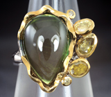 Серебряное кольцо с зеленым турмалином 9,43 карата, сапфирами и цитринами Серебро 925